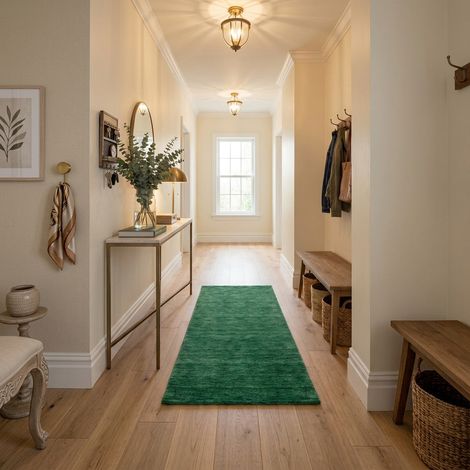 Tapis Gabbeh indien Tapis Uni - Tapis en laine - 200x80cm, Rectangular - 100% Laine vierge - Tissé main - Vert foncé