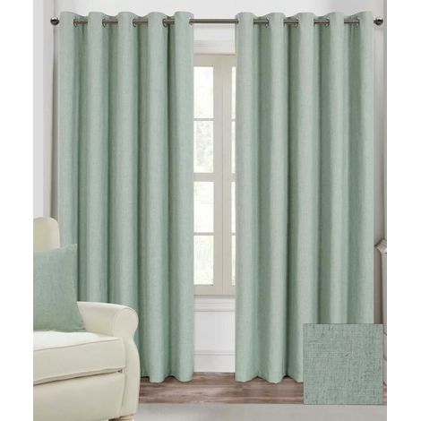 HOMESCAPES Duck Egg Blue Linen Eyelet Lined Curtain Pair, 66 x 54" - Duck Egg Blue