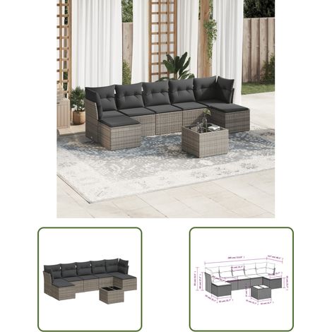 The Living Store 8-tlg. Garten-Sofagarnitur mit Kissen Grau Poly Rattan - Gartenmöbel Set - PE-Rattan Möbel - Outdoor Sofa - Esstisch Set - Lounge Set (1/3)