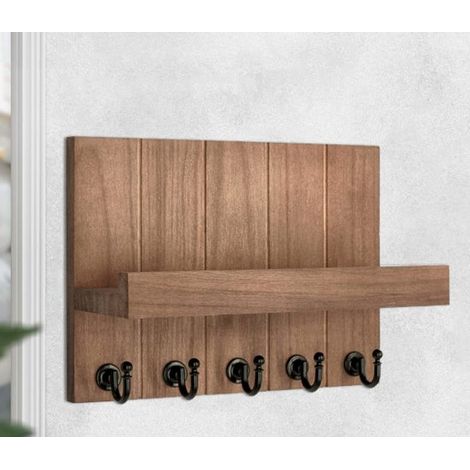 Schlüsselbrett aus Holz mit Ablage Schlüsselhalter mit 5 Schlüsselhaken dekoratives Wandregal aus Holz für Eingangsbereich Haustür Flur 25 5 x 9 25,5 (1/4)