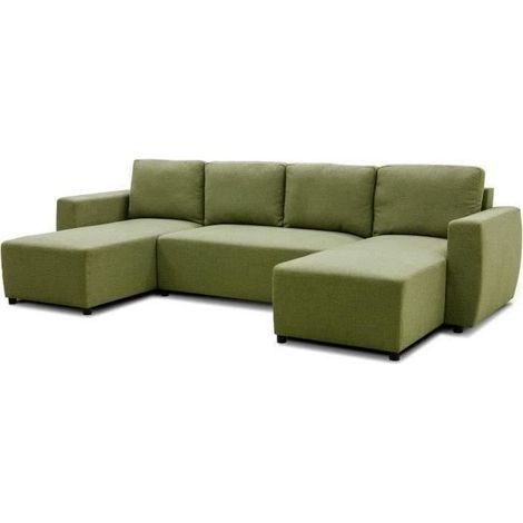 Canapé d'angle convertible panoramique PHARELL 5/6 places - Tissu olive - Coffre de rangement - L297 x P155 x H85 cm (1/5)