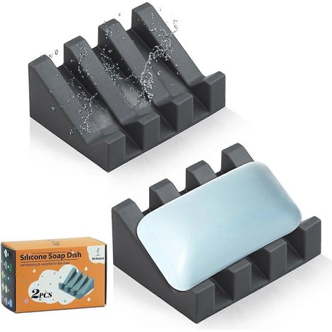 Porte-savon en silicone pour savon de douche, bac de séchage à écoulement automatique, garde les savons secs et faciles à nettoyer (Gris, 2) (1/5)