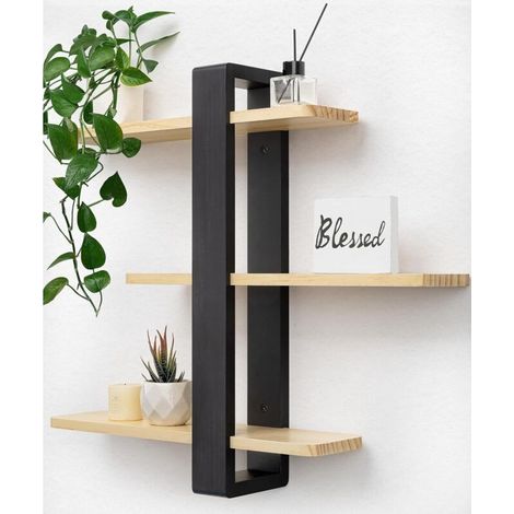 Grande mensola da parete in legno, regolabile, a 3 livelli, 50 x 58 cm, organizer e decorazione da appendere per casa, cucina, soggiorno, bagno, ufficio, camera da letto, nera. (1/4)