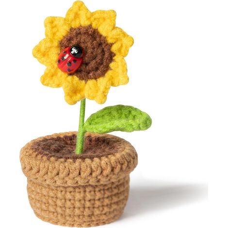 Tournesols en pot tricoté, petites fleurs artificielles tricotées à la main, cadeaux pour la maison, le bureau, décoration de bureau (1 feuille)-AquaForge (1/5)