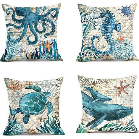 Kissenbezug, 45 x 45 cm, 4er-Set, Baumwolle und Leinen, bedruckt mit Meeresmotiven (Oktopus, Wal, Schildkröte, Seepferdchen), quadratischer Kissenbezug für Bett und Auto (1/5)