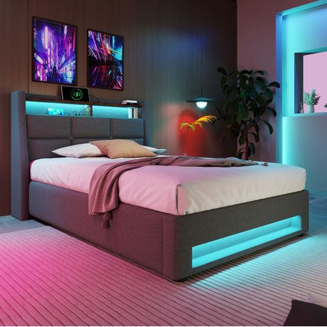 Letto imbottito 90x200 cm con USB e LED, struttura a doghe in metallo, grigio, con materasso (1/5)