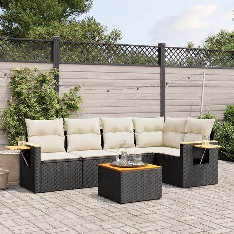 6-tlg. Garten-Sofagarnitur mit Kissen Schwarz Poly Rattan (1/3)
