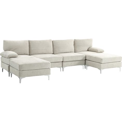 Divano modulare per 4 persone con 2 pouf e cuscini per braccioli e schienale, divano con chaise longue in tessuto effetto pelle, 313x149x88 cm, beige e bianco