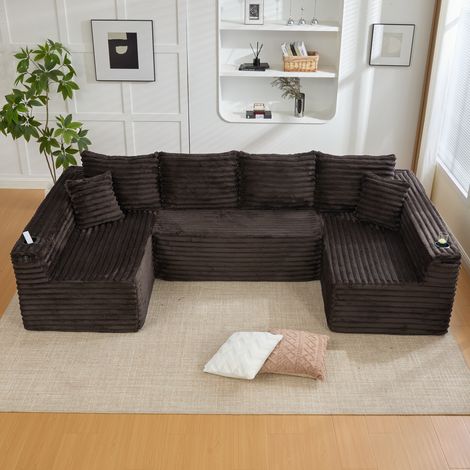 Canapé modulable en U 320x155x88 cm marron en velours côtelé avec porte-gobelet et poche latérale (1/5)