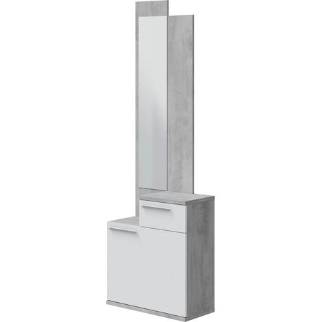 Pegane – Meuble d'entrée gris cendre et blanc brillant – Rangement élégant avec tiroir et miroir – Dimensions 61x185x28 cm – Mélamine durable (1/5)