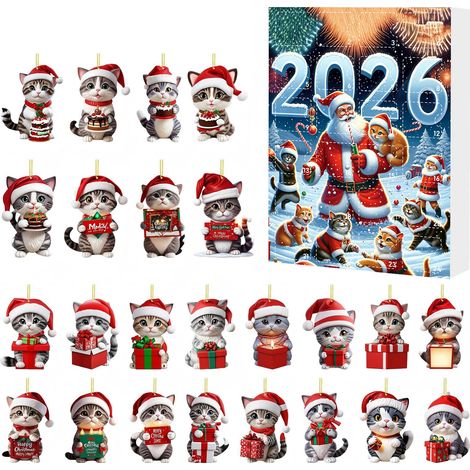 Calendrier de l'Avènement du Chat de Noël, Boîte Surprise, Ornement Chat en Acrylique, Décoration de Sapin de Noël, Coffret Cadeau (Type D) (1/2)