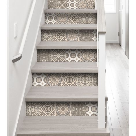 Lot de 3 adhésifs autocollants contremarche 19,5 x 100 cm – Carreaux de ciment marron et crème pastel – Décoration intérieure rapide – Plage (1/2)