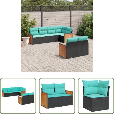 Gartenmöbel - 7-teiliges Gartensofa-Set mit Kissen, schwarzes Polyrattan (1/5)