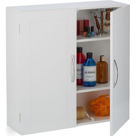 Relaxdays Mobiletto da Bagno Pensile, 3 Ripiani e 2 Ante in MDF, Armadietto Sospeso da Parete, HLP: 60x60x20 cm, Bianco (1/5)