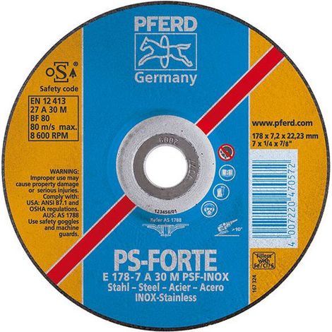 Disque à ébarber PS-FORTE-INOX pour l'usinage de l'acier inoxydable, Ø x Épais. : 178 x 7,2 mm, Modèle Coudé, Vitesse maxi. 8600 tr/mn