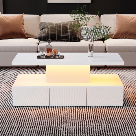 Table basse 2 niveaux LED 16 couleurs laquée brillante blanche avec tiroir coulissant et étagère ouverte 80x50x45 cm