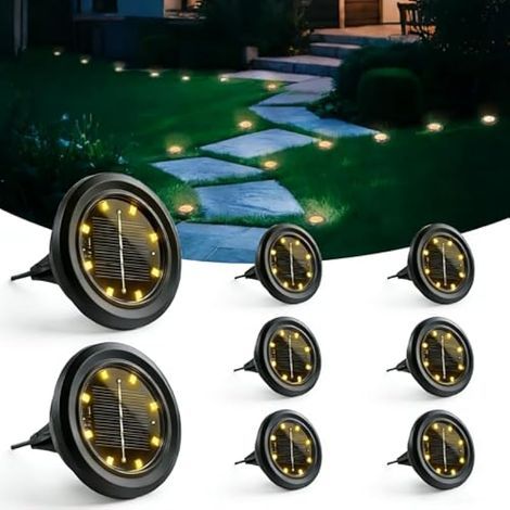 Lot de 8 Lampe Solaire Exterieur Au Sol, 8 LED Jardin Lumiere Solaire Extérieur, Lumière Solaire IP65 Étanche Longue Durée de Vie, Spot Solaire pour Chemins Pelouse Allée Terrasse, Blanc Chaud (1/5)