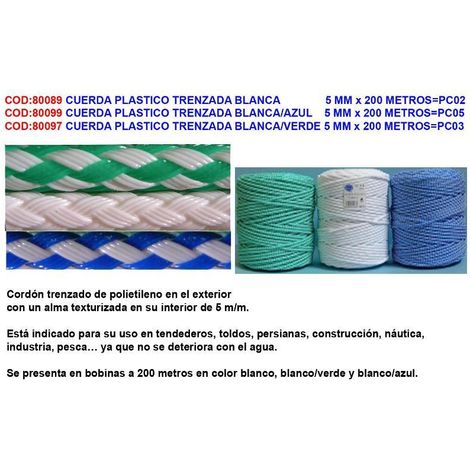 cuerda plastico rafia-pp multiuso trenzada blanca-azul 5 mm x 200 metros pc05