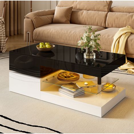 Tavolino LED 90x45x35,5 cm in legno e vetro nero e bianco, moderno FloraGrace (1/5)