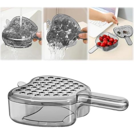 Bol laveur gris avec couvercle et poignée. 2-en-1 : passoire et filtre. Mini égouttoir pour baies, tomates, raisins. (1/5)