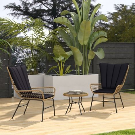 Salon de jardin bistro en rotin 3 pcs noir, 2 chaises avec coussins + table ronde plateau en verre trempé