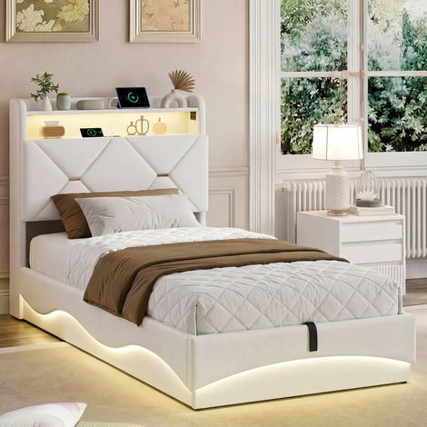 Letto contenitore 90x200, letto 90x200, letto 1 persona LED con testiera contenitore, struttura del letto design ondulato effetto nuvola, porte USB & Type-C, illuminazione RGB regolabile, letto matrim