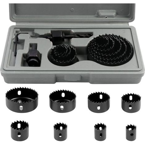 Coffret de 11 scies cloches bimétalliques en acier au carbone de 19 à 64 mm, pour bois, plaques de plâtre et cloisons sèches. (1/5)