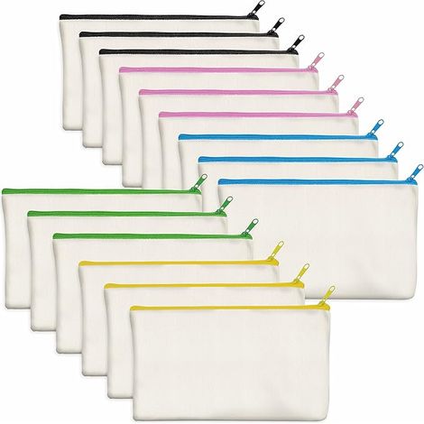 Lot de 15 pochettes en toile de coton vierges avec fermeture éclair, idéales pour le rangement de maquillage, de produits de toilette et de fournitures scolaires. (1/4)