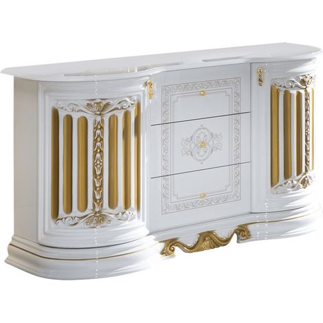 Buffet 2 portes 3 tiroirs bois vernis vernis laqué brillant brillant blanc et doré Lesly 134cm (1/3)