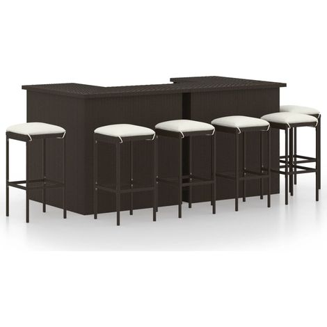 8-tlg. Gartenbar-Set mit Kissen Poly Rattan Braun