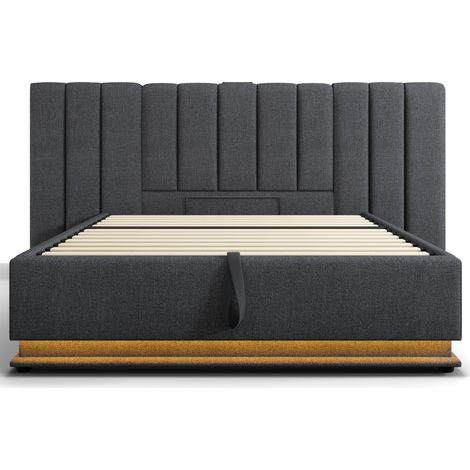 Lit rembourré 180×200, lit double avec rangement, contrôle par application, LED et fonction de charge USB-C, cadre de lit avec sommier à lattes, lin, gris, sans matelas ni table de nuit (1/5)