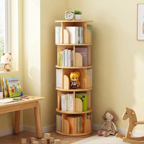 Étagère pivotante à 5 niveaux – Pivotante à 360°, avec roulettes et tiroir – Gain de place – Idéale pour les chambres, salons et bureaux – 46x46x157 cm – Naturel (1/5)