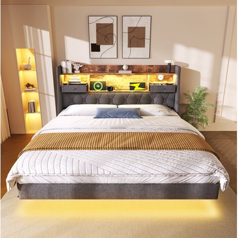 CHICFURN Letto 160x200 in lino grigio con LED, testiera con vano, senza materasso (1/5)