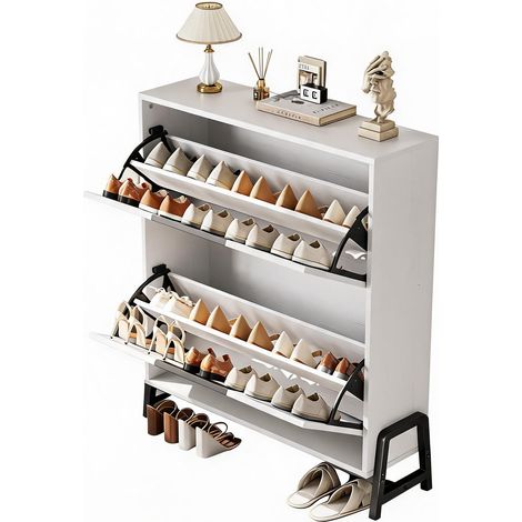 Meuble à chaussures étroit pour entrée – 2 tiroirs basculants, armoire sur pieds métalliques, rangement indépendant pour couloir, salon – Finition : blanc antique pur (1/5)