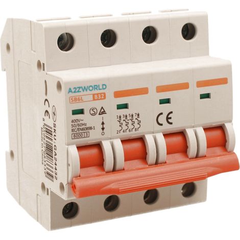 MCB Interruttore Magnetotermico Automatico Curva B 4P 4M 6000A AC 400V IP20 SB6L, Corrente Disponibili 10A 16A 20A 25A 32A 40A 50A 63A  (B32A)