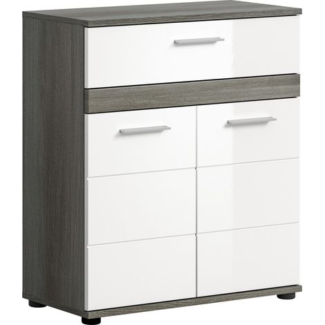 Mueble de almacenamiento para baño WILLIAM – 2 puertas, 1 cajón – Blanco y roble ceniza