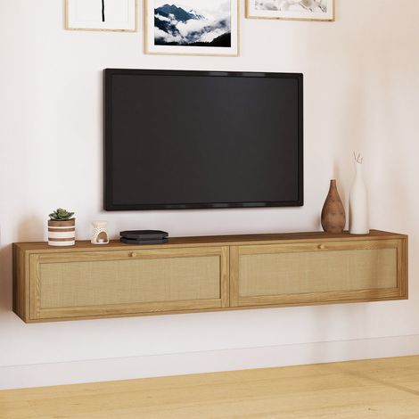 Mueble TV suspendido HANAE 180 cm 2 puertas efecto caña natural