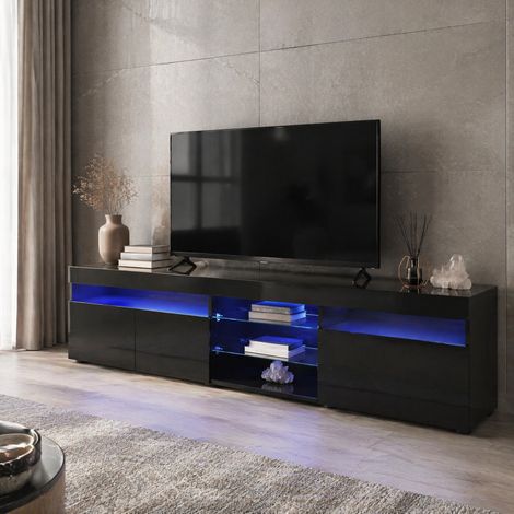 Meuble TV 180cm noir avec lumières LED – Séparation en verre et 3 Portes – 180 x 35 x 45 cm – Construction robuste (1/5)
