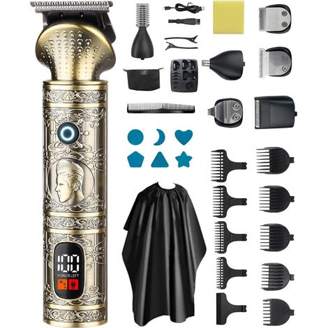 7-in-1 Profi-Barttrimmer für Herren, wasserdichter, kabelloser Haarschneider mit T-Klinge, LED-Display, USB-C-Schnellladefunktion, Körper- und Gesichtstrimmer-Set, Geschenkidee für Herren (1/5)
