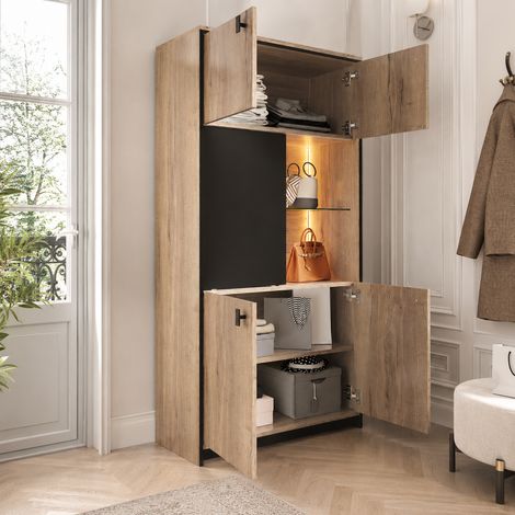 Dressing moderne bois effet, structure noire : portes doubles haut, coulissantes milieu, étagères ouvertes & compartiments bas – rangement dossiers & déco