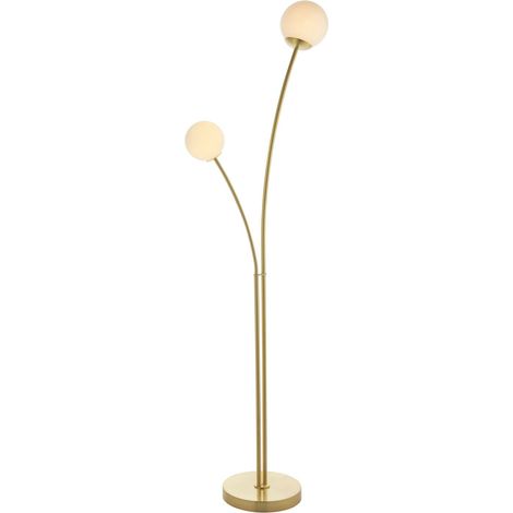 Stehlampe Metall Glas G9 160,8 cm hoch in Messing satiniert Weiß 2-flammig Kugel Schirm Modern