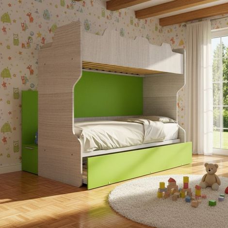 Letto a castello con scala contenitore e terzo letto estraibile - Cameretta salvaspazio - Rovere rock e Verde mela