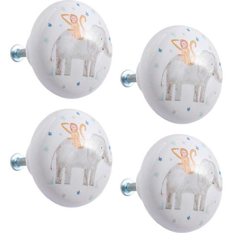 Lot de 4 boutons de tiroir en céramique, poignées de commode rondes de 38 mm, jolis boutons décoratifs pour armoire, penderie, chambre d'enfant-Gray Elephant
