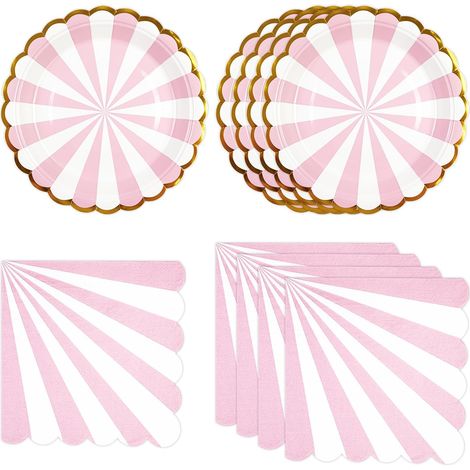 Lot de 24 Vaisselle Jetable Anniversaire, Rose Rayées Assiettes en Carton et Serviettes Festonnées pour Barbecue Anniversaire Enfants Fête Décorations (Rose) (1/5)