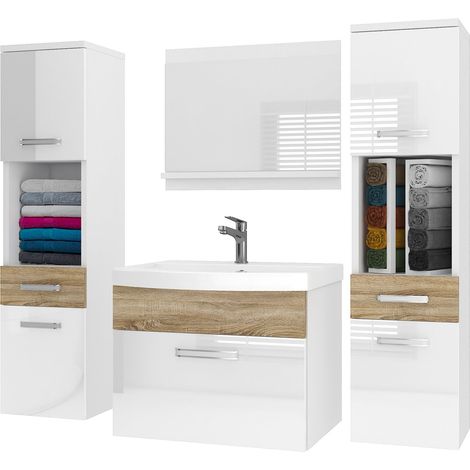 BELINI Badmöbel Set PRI PM6 120 cm - Moderner Badschrank mit Waschbecken & Spiegel, Vollausstattung Wandmontage - Weiß/Sonoma Eiche Hochglanz (1/5)