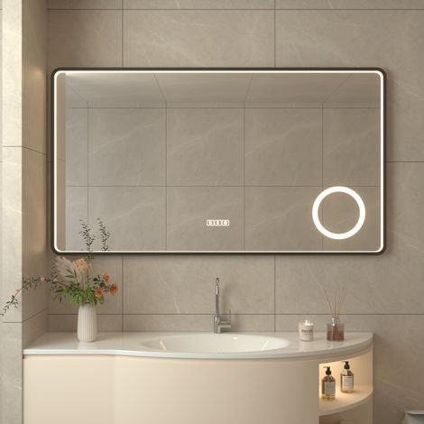 Miroir LED Bluetooth Salle de Bain 110 x 70cm, Miroir avec Une Loupe 3X, 3 Couleurs Lumière,  Mémoire, Dimmable, Interrupteur Tactile, Verre Trempé HD