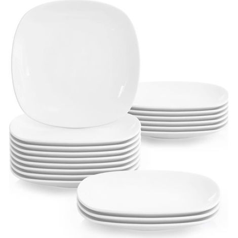 18 pièces service assiettes porcelaine, plat carré 19x19x2 cm, dessert blanc, pour table élégante et quotidienne