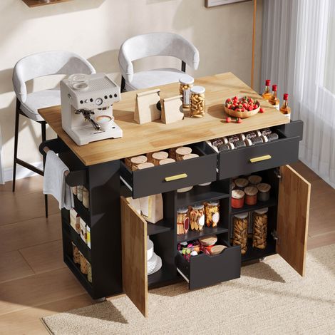 Carrello da cucina pieghevole 120x45(71)x90 cm con contenitore, 3 cassetti, rotelle, salvaspazio, MDF, nero e naturale (1/5)