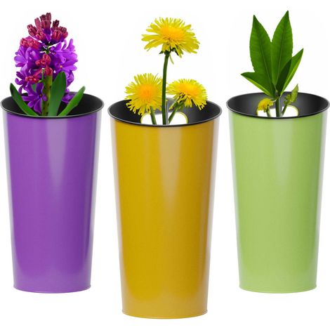 Lot de 3 vases mataliques pour Jardin, Couleurs Jaune, Vert et Violet (1/3)