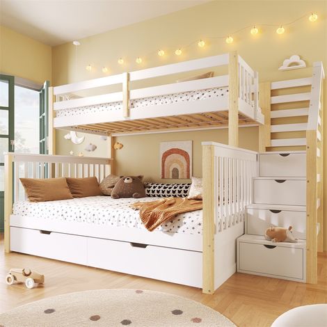 Lit Superposé 90x200 / 140x200cm avec Escalier de Rangement & 2 Tiroirs - Bois de Pin Massif - Blanc & Naturel (1/5)
